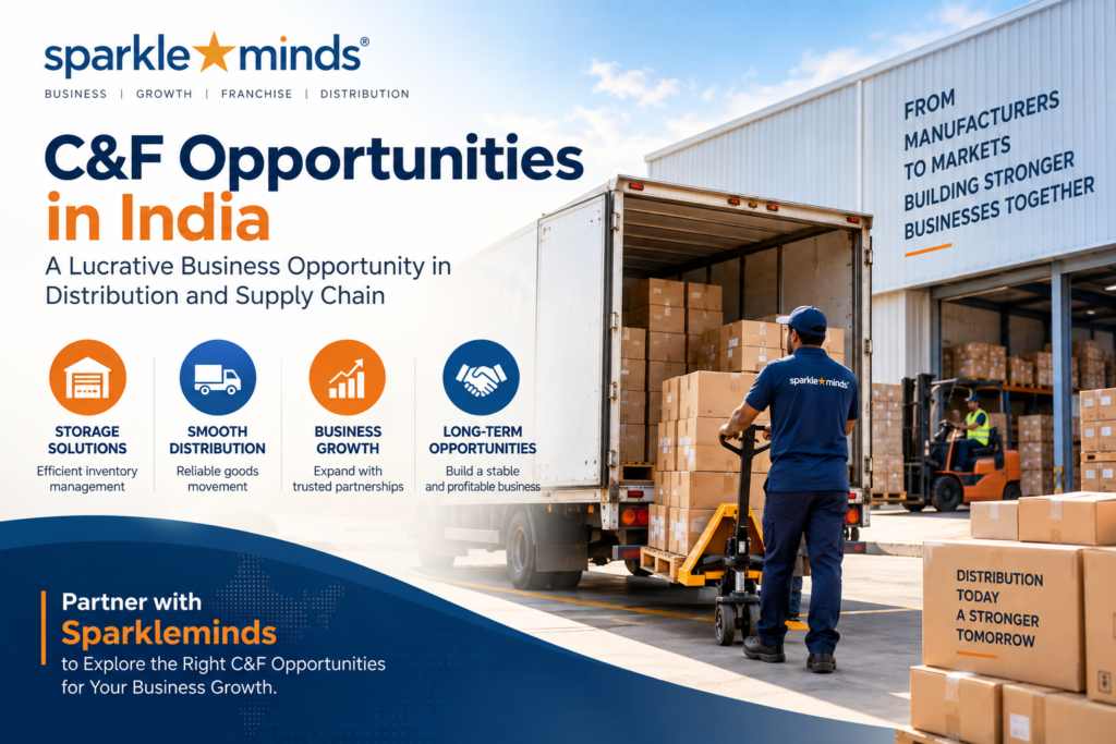 Sparkleminds C and F agent opportunities in India banner showing warehouse operations, product distribution, and business growth opportunities.
