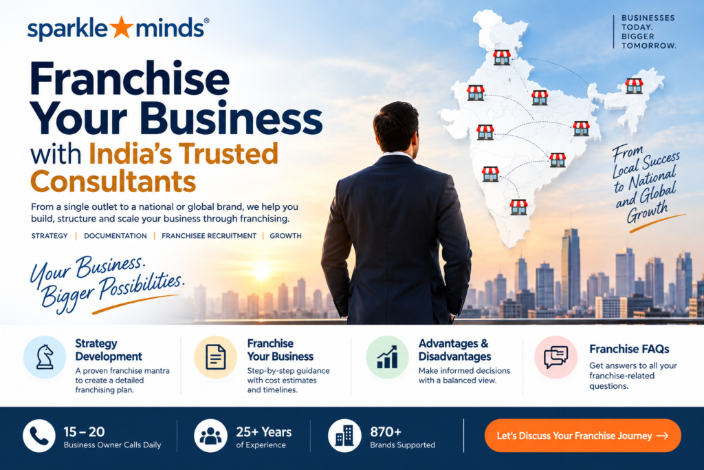 Franchise your business in India with Sparkleminds franchise consultants for strategy development, documentation, franchisee recruitment and business expansion.
Call us for Franchise Consultancy.